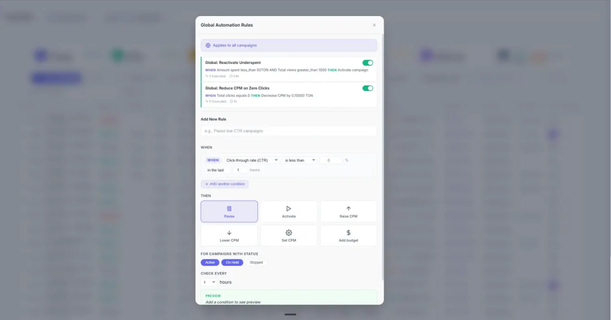 Targeto Pro dashboard — Telegram Ads IF/THEN automation rules engine, auto-pause on CPA breach, auto-scale on CTR strength, auto-recreate on moderation decline